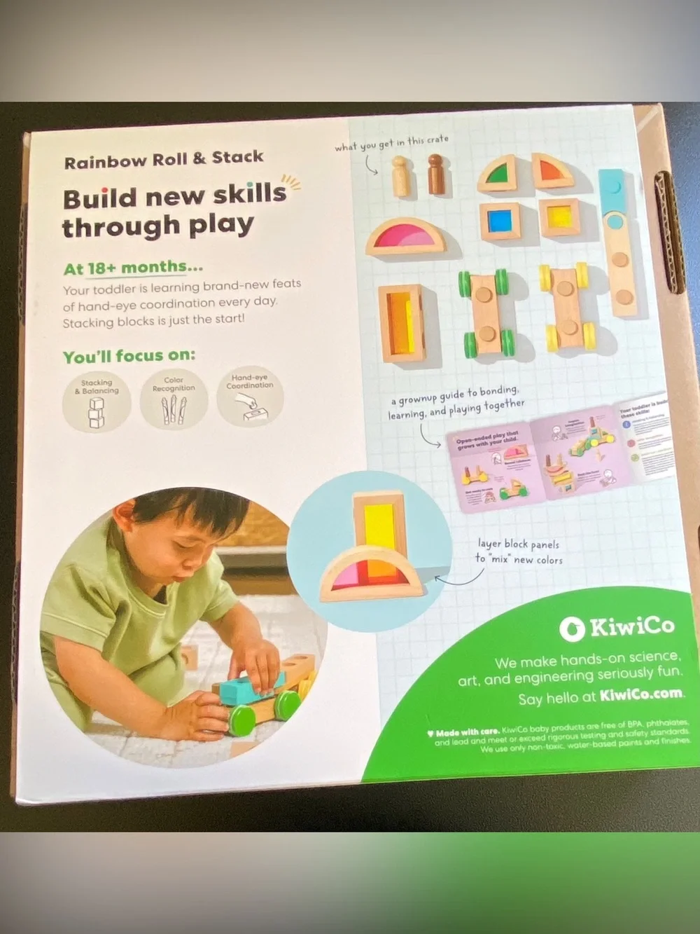 KiwiCo Rainbow Roll & Stack Wooden Toddler Toy Set – 18+ Months